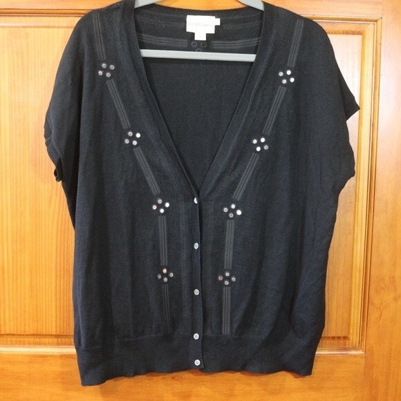 Pure DKNY Black Mirrored Short Sleeve Cardigan Linen Blend Medium - Picture 2 of 9